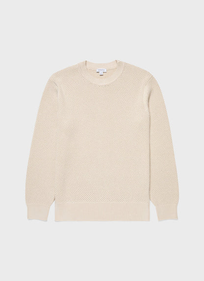 Mens Honeycomb Cotton Crew Neck Jumper In Ecru Mjum8207 Whcr