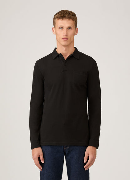 Mens Cotton Riviera Long Sleeve Polo Shirt In Black