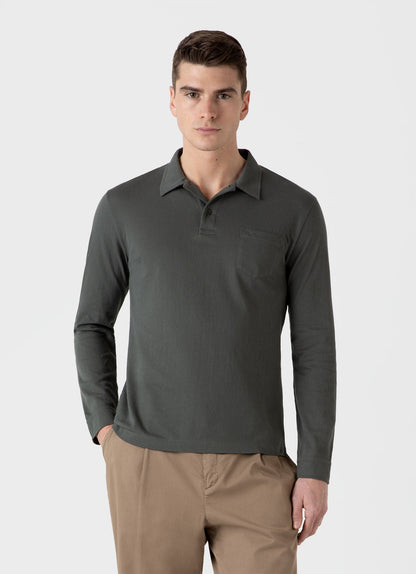 Mens Long Sleeve Riviera Polo Shirt In Drill Green Mpol1031 Gnhv