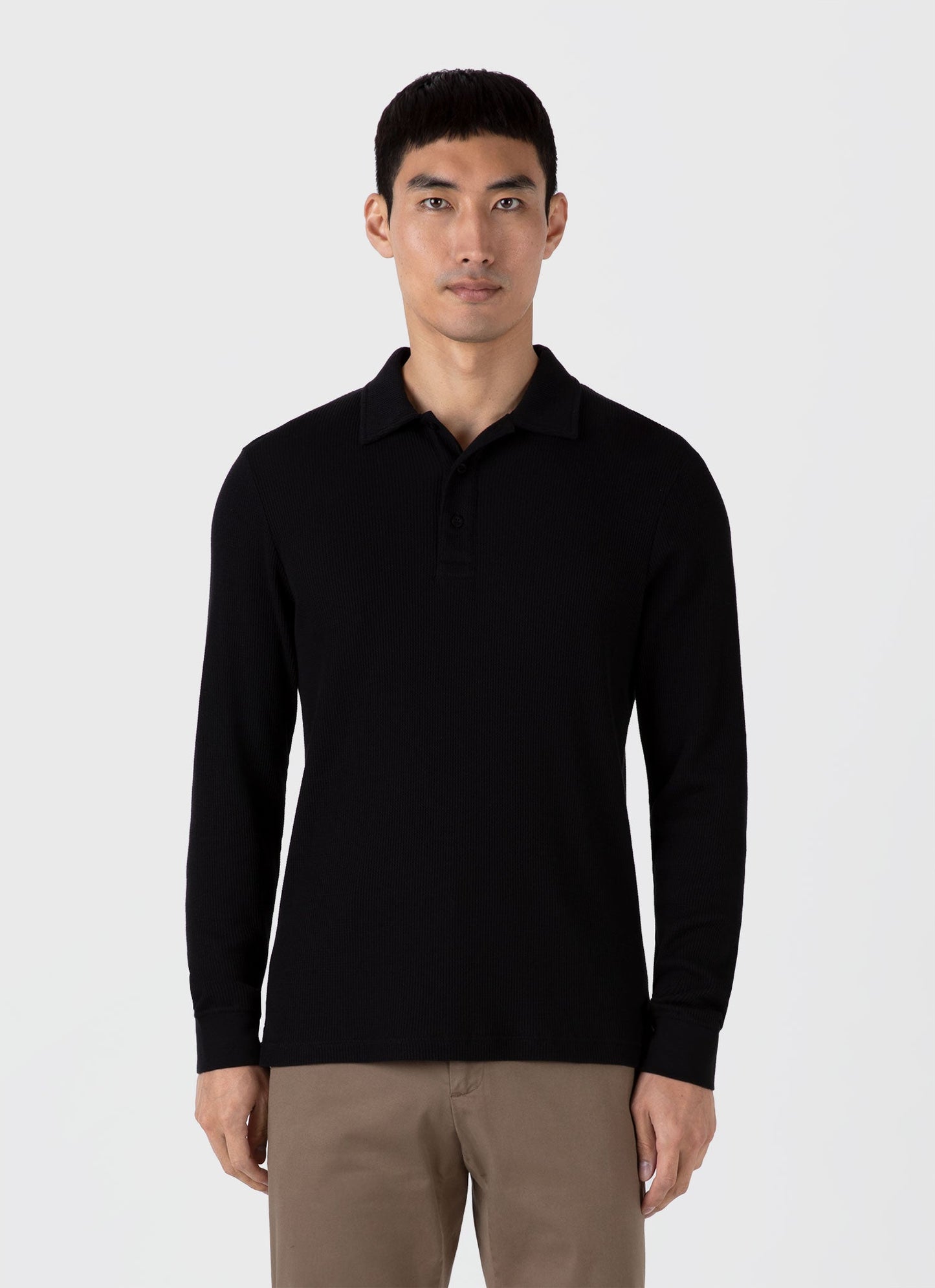 Mens Long Sleeve Waffle Polo Shirt In Black Mpol1067 Bkaa