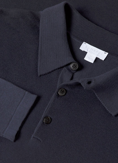Mens Sea Island Cotton Knit Long Sleeve Polo In Light Navy