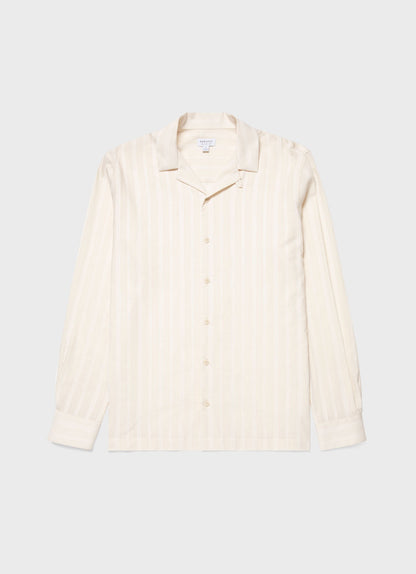 Men's Embroidered Stripe Long Sleeve Shirt in Ecru