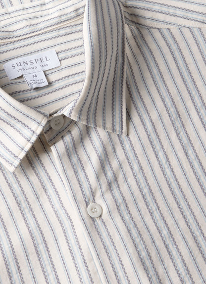 Mens Short Sleeve Vintage Stripe Shirt In Soft Denim Ecru Msht2111 Stnj