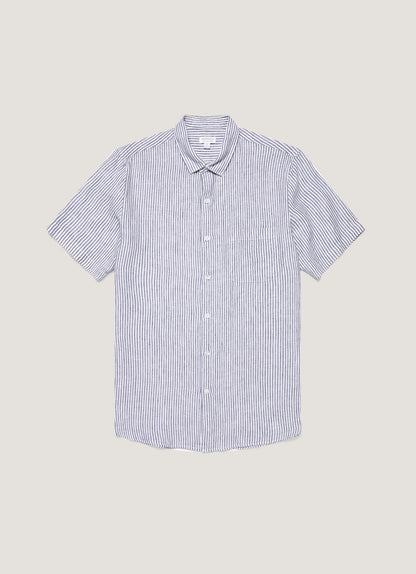 Italian Linen Short Sleeve Shirt In Navy White Linen Stripe