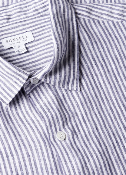 Italian Linen Short Sleeve Shirt In Navy White Linen Stripe