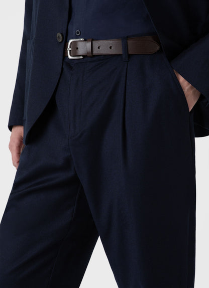 Mens Pleated Wool Flannel Trouser In Navy Melange Mtrs3076 Buag