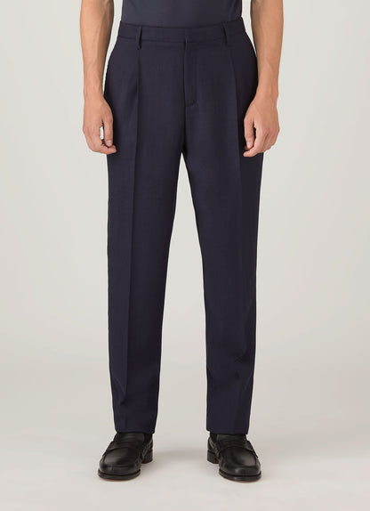 Mens Pleated Wool Twill Trouser In Navy Mtrs3122 Buaa