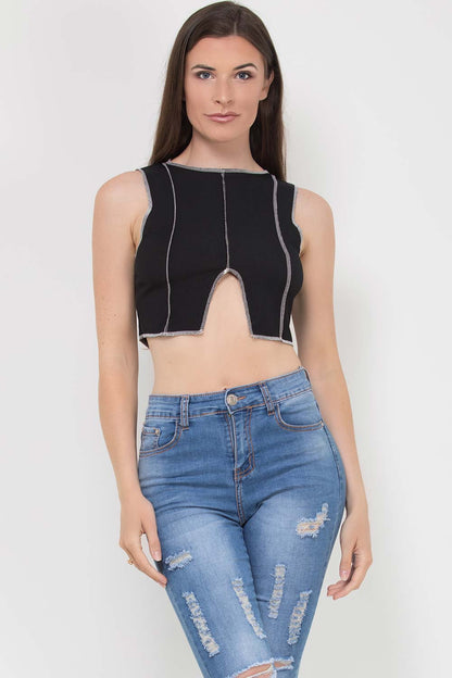 Contrast Overlock Stitch Ribbed Crop Top Black