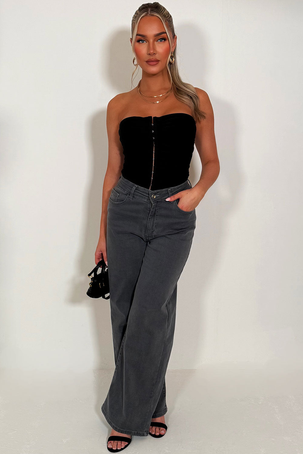 Denim Stretchy Wide Leg Jeans Grey